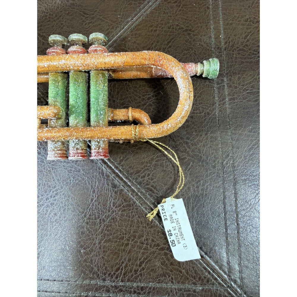 Vintage Style Glitter Trumpet Christmas Ornament Patina Orange Green Musical - Picture 6 of 13